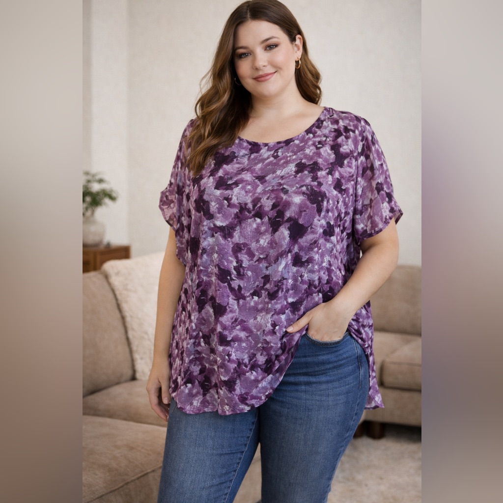 Sueos Y Deseos Women’s Purple Floral Shimmer Tunic Top Short Sleeve Size 3x
